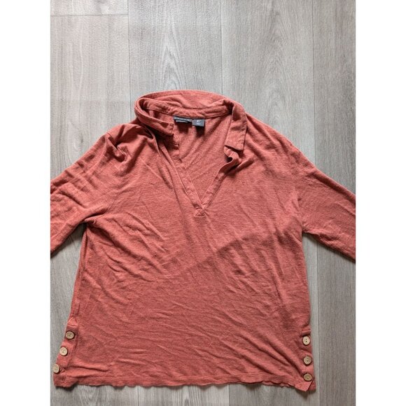 Tahari Rust Linen Long Sleeve Collared V-Neck Top W/ Button Detail Womens M - Picture 5 of 8